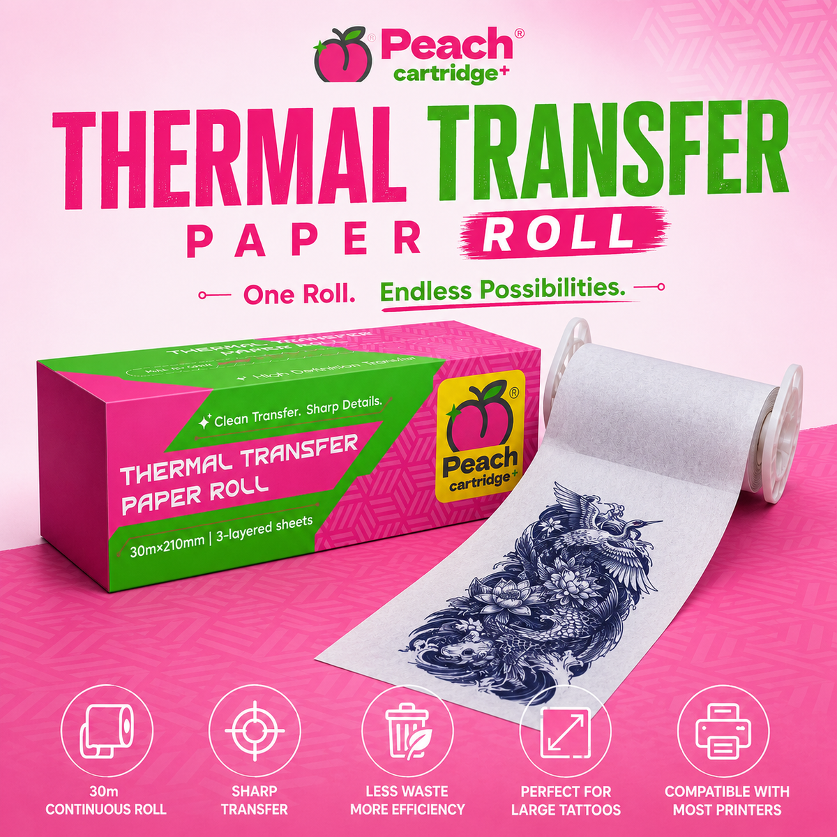 PEACH Thermal Transfer Paper Roll – 30m × 210mm Purple Tattoo Stencil Paper